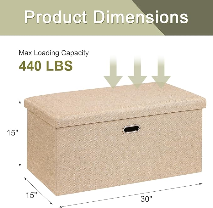 VECELO 30'' Folding Storage Ottoman Bench, End of Bed Linen Fabric Foot Rest Stool with Padded Seat, Large Footstools for Bedroom, Living Room, Load 500 lb, Khaki