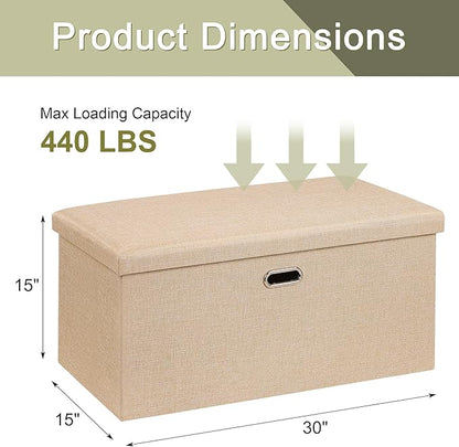 VECELO 30'' Folding Storage Ottoman Bench, End of Bed Linen Fabric Foot Rest Stool with Padded Seat, Large Footstools for Bedroom, Living Room, Load 500 lb, Khaki