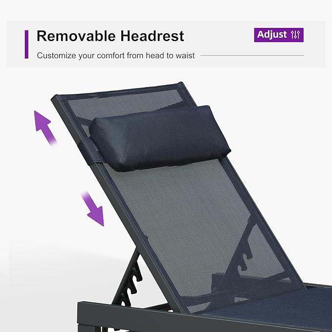 PURPLE LEAF Patio Lounge Chair Set of 3 Outdoor Chaise Lounger Aluminum Frame with Side Table and Wheels for Pool Outside Sunbathing Tanning Recliner Including Pillows Navy Blue