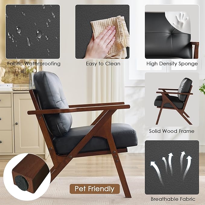 STHOUYN Black Leather Office Accent Chair with Wooden Arms, Office Lounge Chair, Mid Century Modern Chair, Side Arm Chairs for Living Room, Guest Waiting Room Chairs (1, Black)