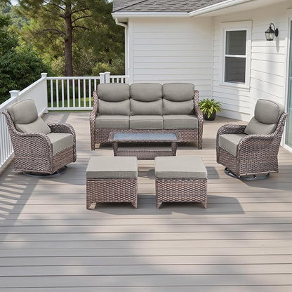 Rilyson Wicker Outdoor Patio Furniture Set - 6 Piece Patio Conversation Sets with Swivel Rocker Chairs, Ottomans, Sofa and Table, 6 inch Cushions, Deep Seating, for Porch Deck Brown/Beige