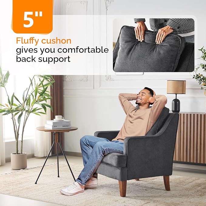VINGLI Mid-Century Modern Accent Chair, Black Upholstered Armchair Comfy Sofa Chair Reading Chair High Back for Living Room Bedroom Furniture Apartment
