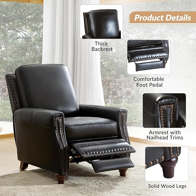 HULALA HOME Genuine Leather Recliner Chair, Classic Push Back Recliner Armchair with Thick Seat and Backrest (Black)