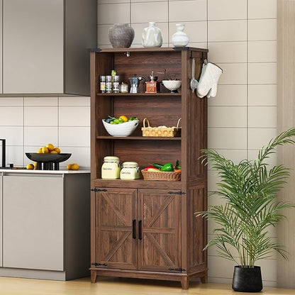 70in Tall Bookshelf 5 Tier Bookcase with Barn Doors and Adjustable Shelves, Brown Farmhouse Book Shelf with Storage Cabinet, Wood Freestanding Display Bookshelves for Bedroom, Living Room