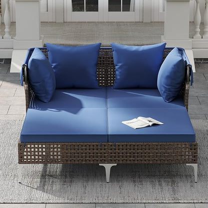 HAPPYGRILL Outdoor Daybed with Retractable Canopy, PE Wicker Rattan Patio Double Chaise Lounger with Cushions, Outside Sunbed Furniture for Garden, Poolside and Backyard (Navy)