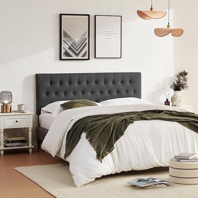 Tufted Upholstered Headboard Queen Size, Solid Wood Head Board with Durable Metal Legs, Adjustable Height Bed headboard from 37” to 51” Fabric Headboard in Modern Button Design (Black)