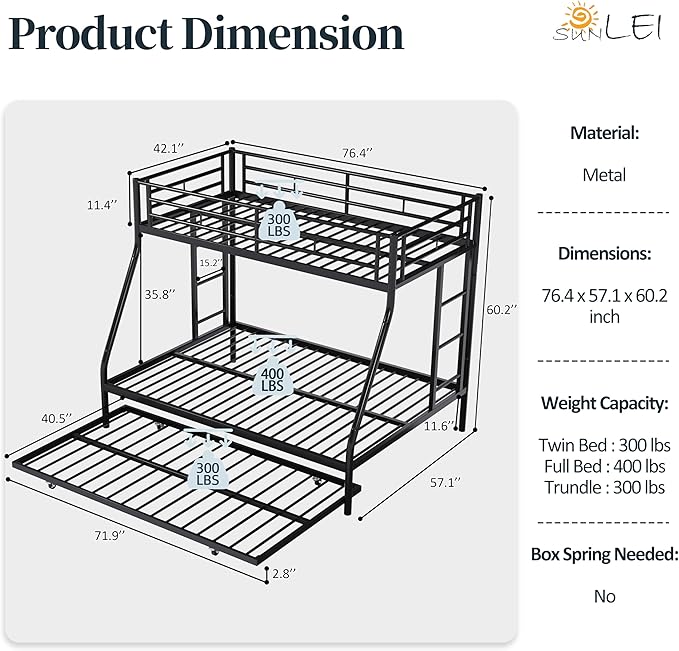 SUNLEI Metal Bunk Beds with Double Secured Ladders, Twin Over Full Bunk Bed with Surrounded Safety Guardrails, Space Saver Twin Beds, Noise Free for Small Bedroom, with Trundle, Black