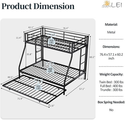 SUNLEI Metal Bunk Beds with Double Secured Ladders, Twin Over Full Bunk Bed with Surrounded Safety Guardrails, Space Saver Twin Beds, Noise Free for Small Bedroom, with Trundle, Black