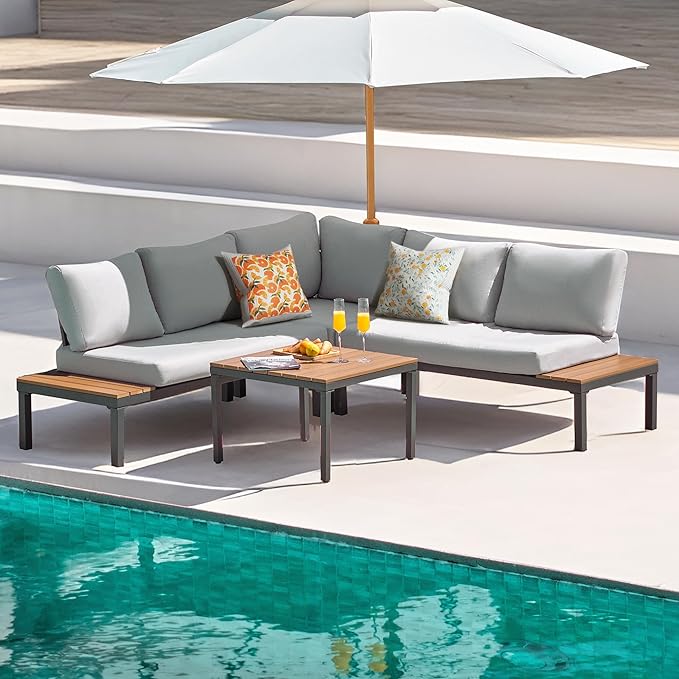 NATURAL EXPRESSIONS Patio Furniture Sets, L Shape Patio Sectional Metal Outdoor Sectional Corner Sofa Outdoor Couch with Detachable Backrest,3 Fauxwood Tables,5” Grey Olefin Cushions