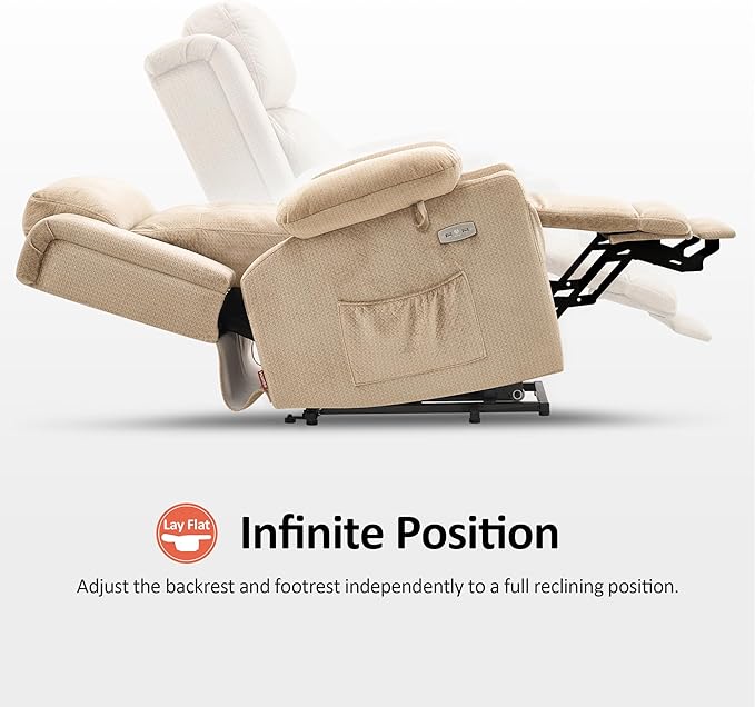 MCombo Medium Triple Motor Power Lift Recliner Chair with Massage and Heat for Elderly People, Adjustable Headrest, Infinite Position, USB Ports, Fabric 7661 (Beige, Medium)