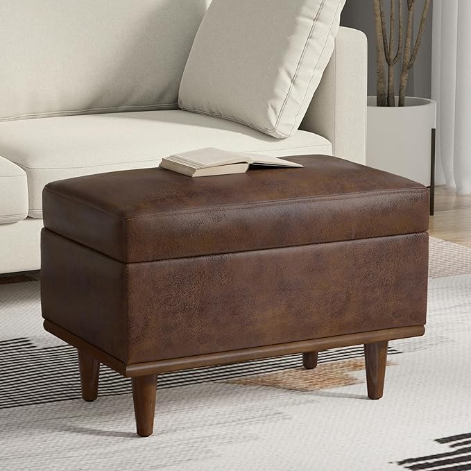 SIMPLIHOME Shiloh 26 inch Wide Transitional Contemporary Small Storage Ottoman in Distressed Chestnut Brown Vegan Faux Leather, Assembled, for The Living Room, Entryway and Family Room