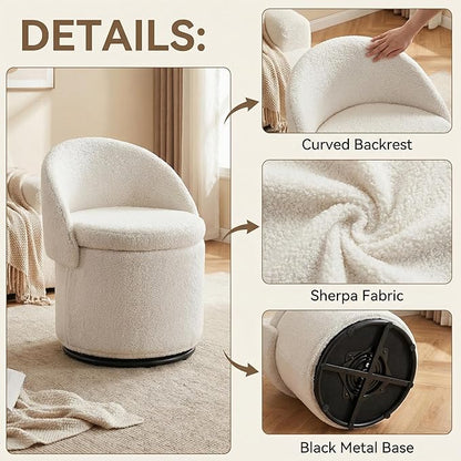 LukeAlon Sherpa Makeup Ottoman with Storage, Upholstered 360° Swivel Vanity Stool with Foldable Backrest Modern Cylindrical Footrest Stool for Living Room Bedroom, White