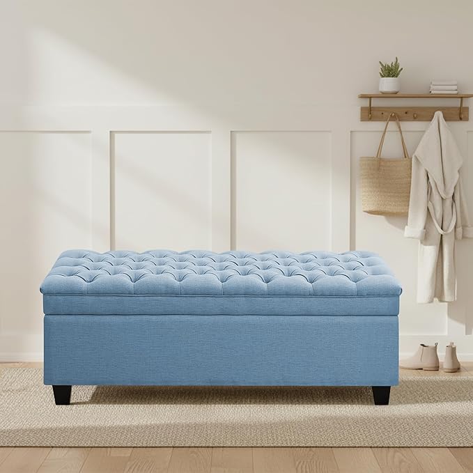 50" Storage Ottoman Bench, Rectangular End of Bed Storage Bench, Upholstered Large Fabric Tufted Ottoman with Storage for Living Room, Bedroom, Entryway,Blue