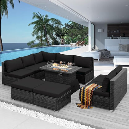 NICESOUL 10 Pcs Outdoor Sectional Set with Natural Gas/Propane Firepit Table, 29.3'' High-Back Patio Furniture Sofa Set, Oversized Rattan Couches for Backyard Garden Lawn, 2 Color Cushion Black & Gray