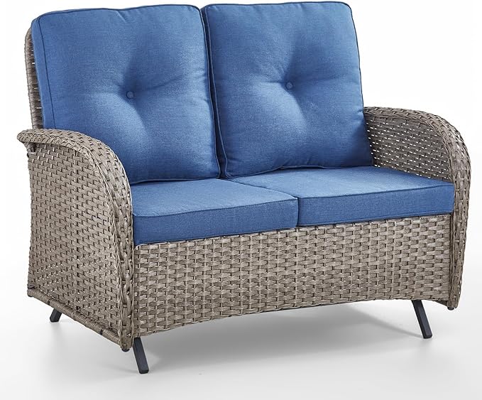 HUMMUH 2-Person Outdoor Glider Bench-All-Weather Wicker Patio Double Swing Rocking Chair Patio Loveseat for Deck Lawn Porch Balcony Poolside-Grey/Blue