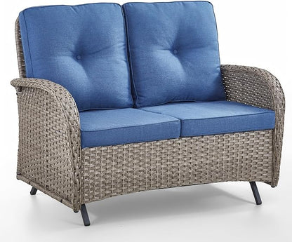HUMMUH 2-Person Outdoor Glider Bench-All-Weather Wicker Patio Double Swing Rocking Chair Patio Loveseat for Deck Lawn Porch Balcony Poolside-Grey/Blue