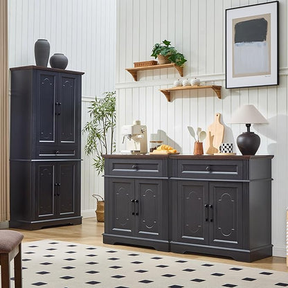71" Black Tall Pantry Cabinet with Drawer and Adjustable Shelves, Modern Storage Cabinet with Doors, Kitchen Buffet Cabinet, Food Pantry Storage Cabinet, Coffee Bar, Living Room and Dining Room