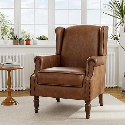 Accent Chair, Upholstered High Back Armchair with Nailhead Trim & Wood Legs, Comfy Wingback Reading Single Sofa Chair for Small Spaces, Living Room, Bedroom (Leather Brown, Set of 1)