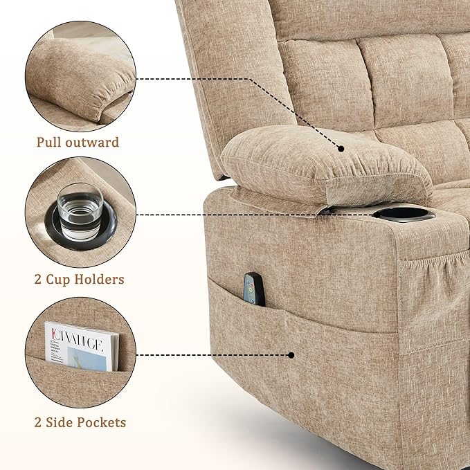 360° Rotating Adult Rocking Recliner, Baby Room Glider with Massage and Heating Functions, Rocking Chair with Cup Holder, Manual Recliner for Living and Bedroom (Fabric, Khaki)