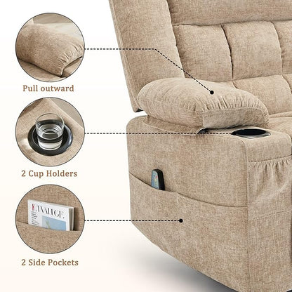 360° Rotating Adult Rocking Recliner, Baby Room Glider with Massage and Heating Functions, Rocking Chair with Cup Holder, Manual Recliner for Living and Bedroom (Fabric, Khaki)