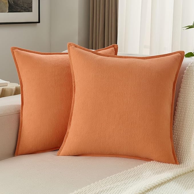 FUTEI Orange Chenille Throw Pillow Covers 26x26 Inch Set of 2,Edges Double-Stitched Euro Pillow Shams,Modern Home Decor for Couch Living Room