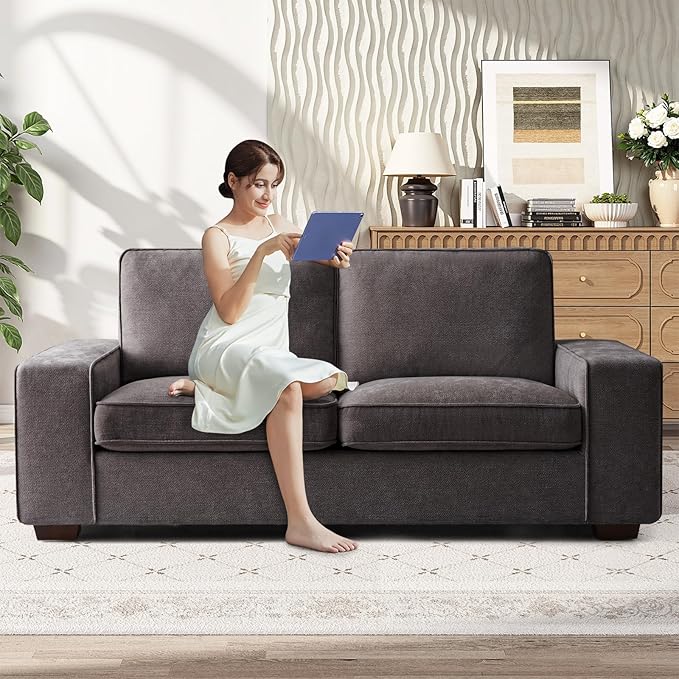 RISAR 71.25" Modern Loveseat Sofa for Living Room, Chenille Couch with Removable Cover & Spring Cushions, Solid Wood Frame, Easy Assembly for Small Spaces (Dark Gray)