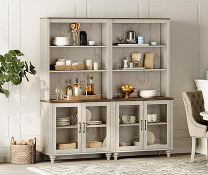WAMPAT 5 Tier Bookshelf, Bookcase with Glass Doors,Large Farmhouse Display Book Shelf with Adjustable Shelves and Storage Cabinet，Library Wood Bookshelves for Living Room,Kitchen, Rustic White (2PCS)