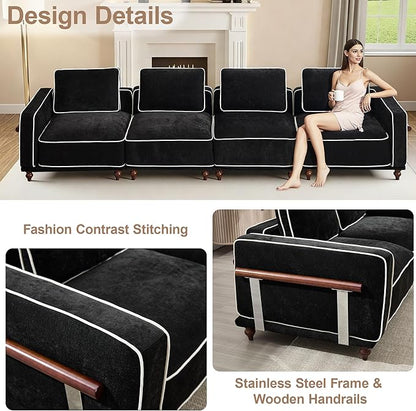 146" Cloud Modular Sectional Sofa,Oversized Deep 4 Seater Couch with Armrests Wooden Legs,Comfy Thicked Cushion Upholstered Sofa for Living Room Bedroom,Black