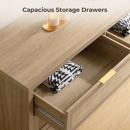 SICOTAS Rattan Dressers for Bedroom Set 2, Large 6 Drawer Dresser Long Chest of Drawers, Dresser Farmhouse TV Stand for Bedroom, Living Room, Closet (Reclaimed Light Oak, 2 Pieces)