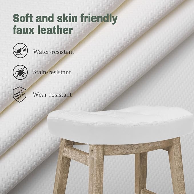 White Bar Stools Set of 3 for Kitchen Counter Island Counter Height Farmhouse Modern Barstools with Faux Leather Upholstered Backless Seat and Solid Wood Legs 24 inch Bar Chairs
