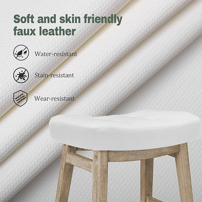 White Bar Stool for Kitchen Counter Island Counter Height Farmhouse Modern Barstool with Faux Leather Upholstered Backless Seat and Solid Wood Legs 24 inch Bar Chair
