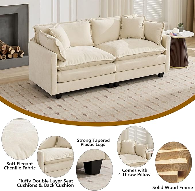 Aoowow Modular Sectional 2 Seater Cloud Sofa Couch for Living Room,78" Loveseat Couch with Deep Seat,Modern Chenille 2 Seat Sofas,Fluffy Small Couches for Bedroom,Small Spaces (Beige, 2 Seater)