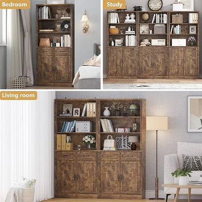 72'' Tall Bookcase with Doors and Drawers, Adjustable Shelves, P2 MDF Construction, 32'' Wide Freestanding Cabinet with Metal Handles, Hidden Storage for Living Room, Bedroom, Brown