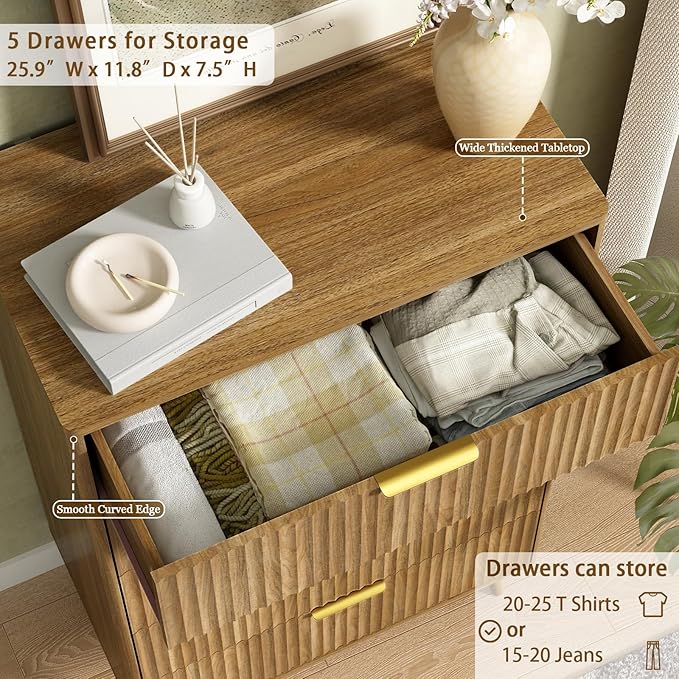 CARPETNAL Fluted 5 Drawers Dresser for Bedroom, 45" Tall Wooden Chest of Drawers with Rounded Corners, Gold Handles, Modern Storage Organizer for Bedroom, Hallway (Walnut)