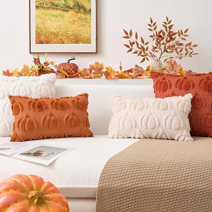 Kevin Textile Fall Pillow Covers 16x16 Inch Set of 2 Soft Pumpkins Decorative Square Pillowcases Plush Autumn Faux Fur Cushions Harvest Gift for Couch Sofa Chair Bedroom Home Decor, Beige