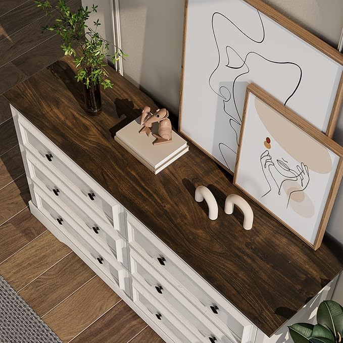 Farmhouse 6 Drawer Dresser for Bedroom, 54" Wide Wood Dresser with Natural Texture, Rustic Chest of Drawers for Bedroom with Vintage Metal Hands, for Living Room, Hallway, Antique White