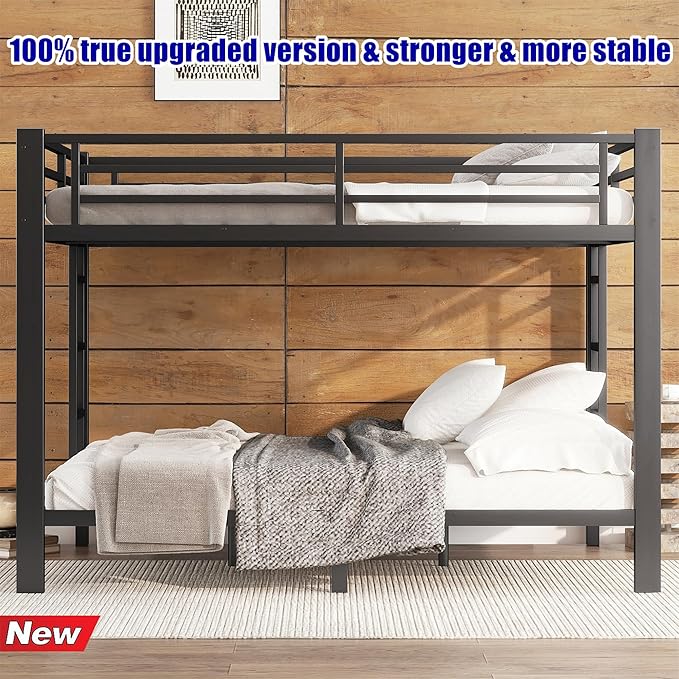 Higher Quality & Stronger Metal Queen Over Queen Bunk Bed, Thickened Heavy Duty More Stable Safer Black Steel Bunkbed (Easier to Assemble)