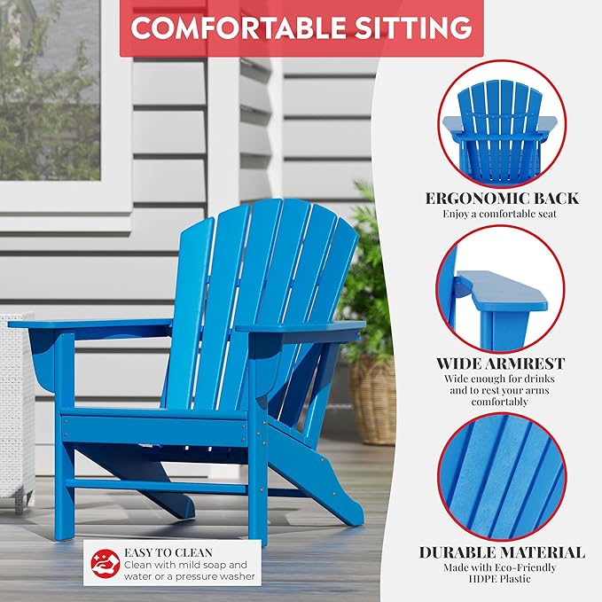Costaelm Outdoor Adirondack Chair, HDPE Patio Chair, Weather Resistant Lawn Firepit Outside Chairs for Porch, Poolside, Garden, Backyard Deck, Pacific Blue