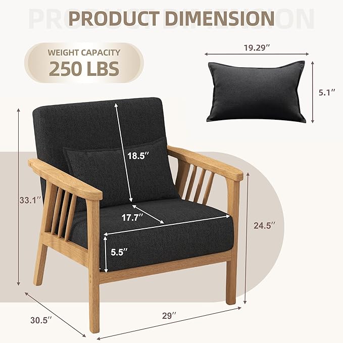 Mid-Century Modern Accent Chair, Linen Armchair and Lounge Chair with Lumbar Pillow, Wide Seat & Solid Wood Frame for Living Room, Bedroom or Balcony （Dark Gray）