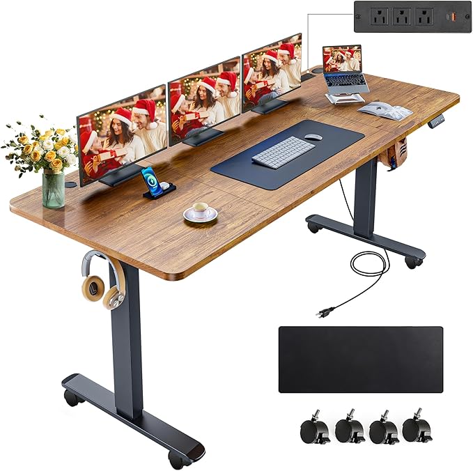 farexon Electric Standing Desk 70.8 x 27.5inch with Outlets,Rolling Stand up Desk with Oversized Mouse Pad, 3 USB Ports & 3 Power Outlets, 4 Caster, 4 Preset Heights Easy to Set for Home Office(Brown)