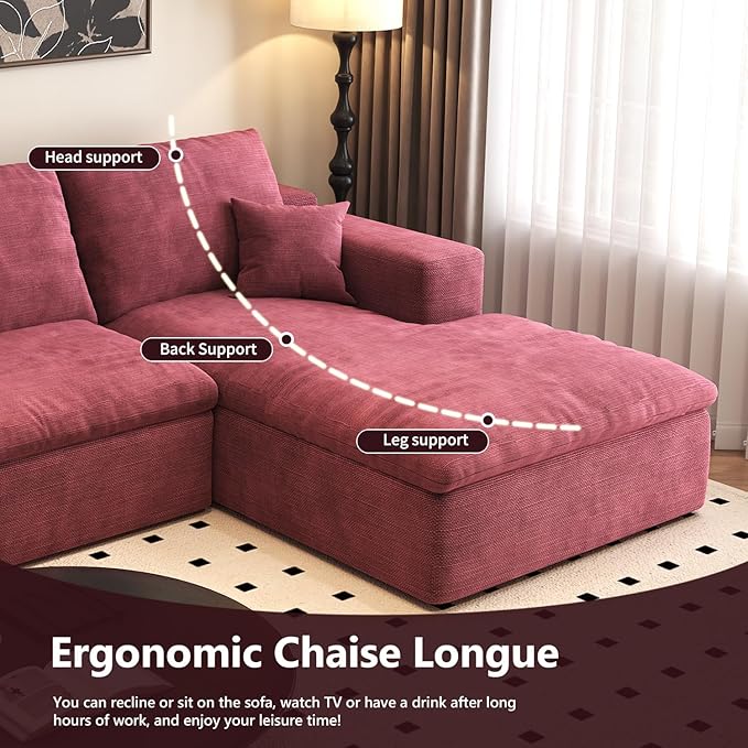 107'' U-Shaped Modern Modular Sectional Cloud Couch Whit Ottoman, 4-Seat Chenille Deep-Seat Sofa with Pillow for Living Room, Bedroom, Apartment, Wine Red