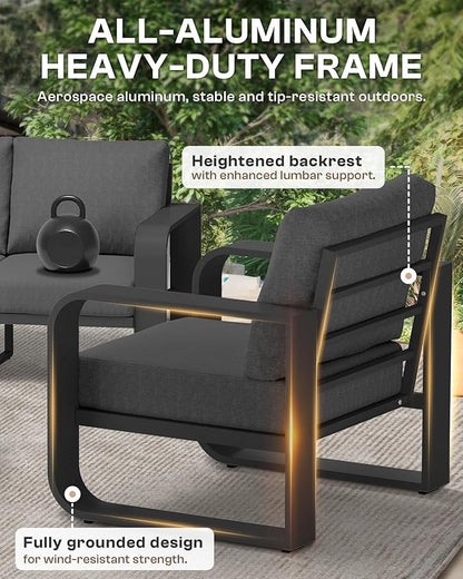 Aluminum Outdoor Patio Furniture Set 5 Piece, Oversized Patio Conversation Sets Widened Armrest & Ultra-Thick Cushions, Deep Seating Modern Sectional Furniture for Backyard, Porch, Graphite