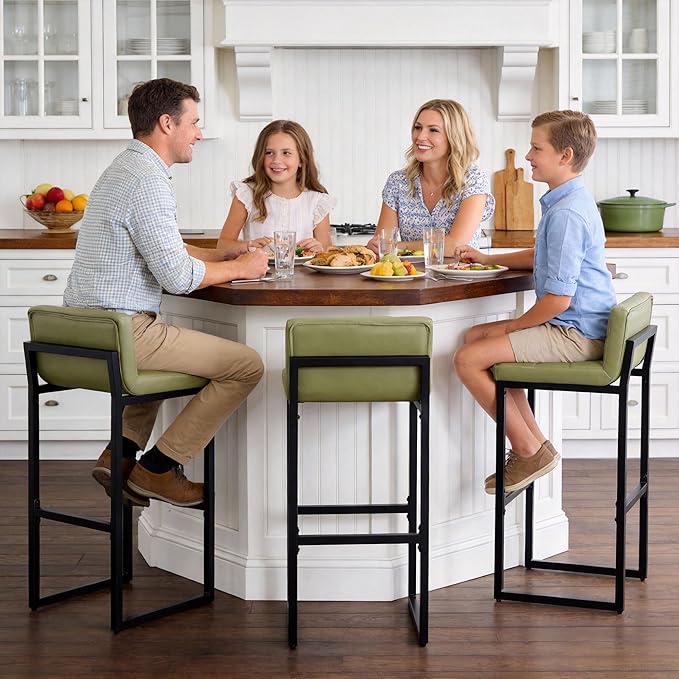 Bar Stools Set of 3, Modern Tall Counter Height Barstools with Back and Thickened Metal Legs, 30" Faux Leather Bar Chairs for Kitchen Island, Bar, Counter (Avocado Green, 3Pcs 30" Bar Stools)