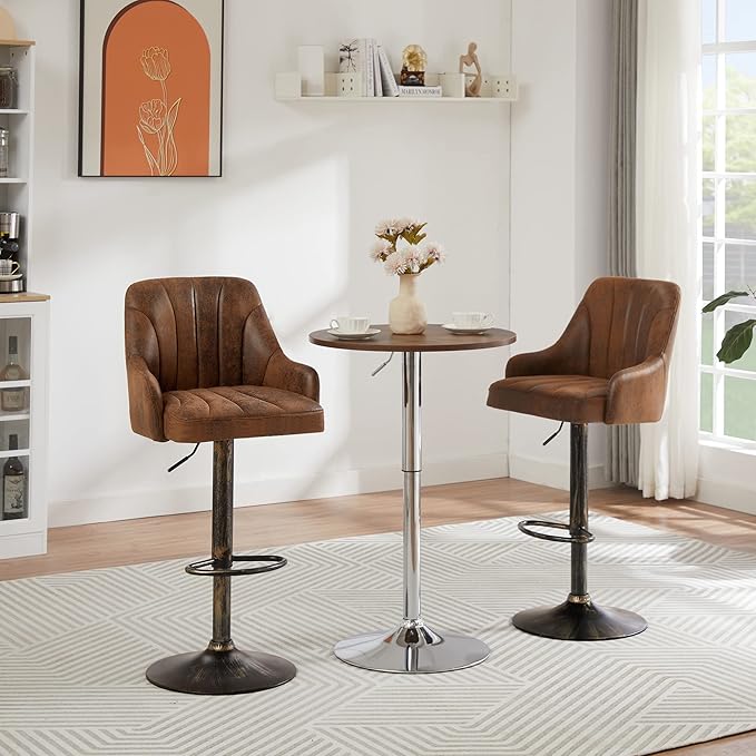 VECELO Bar Stools Set of 2, Adjustable Bar Stools Counter Height Barstools with Back and Arm, Swivel Bar Chair Stools for Kitchen Counter Island Cafe Dining Room, Industrial Style, Dark Brown