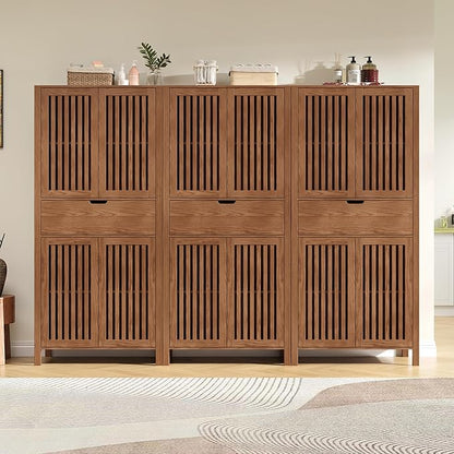 Set of 3 Rustic Brown 69" Tall Farmhouse Storage Cabinet with Drawer & Adjustable Shelves, Grille Door Organizer Unit, Anti-Tip Design for Bathroom,Kitchen,Living Room