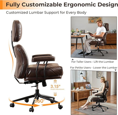 Ergonomic Office Chair Comfy with Lumbar Support, High Back PU Leather Rolling Executive Desk Chair for Home Office & Gaming, 360° Swivel, 300lbs (Dark Brown)