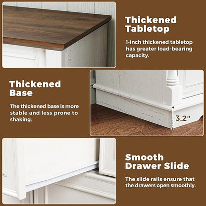 Farmhouse 7 Drawer Dresser for Bedroom, 52" Wide Rustic Chest of Drawers with Retro Handle, White Dresser with Natural Texture, Wood Vintage TV Stand for Living Room, Hallway, Antique White