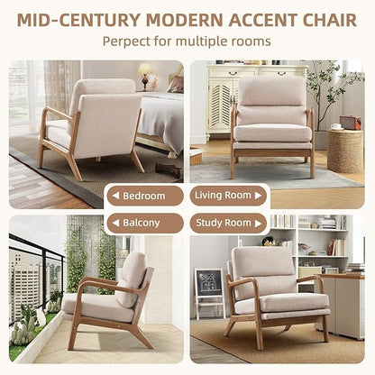 Mid Century Modern Accent Chair, Linen Fabric Upholstered Lounge Armchair with Solid Wood Frame and Soft Cushion for Living Room, Bedroom (1, Linen Beige)