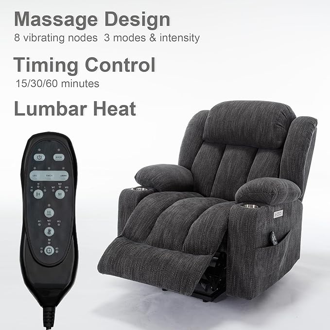 Power Lift Recliner Chair, 350lb Capacity with 8-Point Massage & Heating, USB/Type-C Ports & Cup Holders, Heavy Duty Chenille Recliner for Elderly, Grey