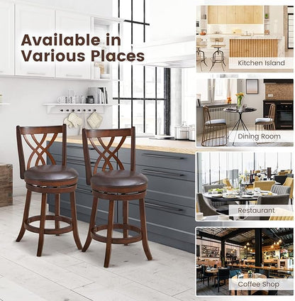 COSTWAY Bar Stools Set of 4, 360° Swivel Chairs with Rubber Wood Frame, 26 in PU Leather Cushioned Seat and Footrests, for Kitchen Island, Dining Room, Bar (Brown-26 inches, 4 stools)